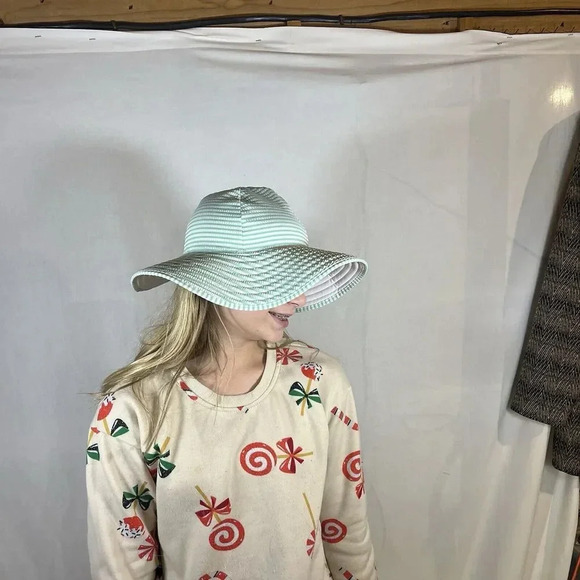 Mint Green & White Striped Wide Brim Sun Hat Beach Summer Protection Foldable - Picture 6 of 8